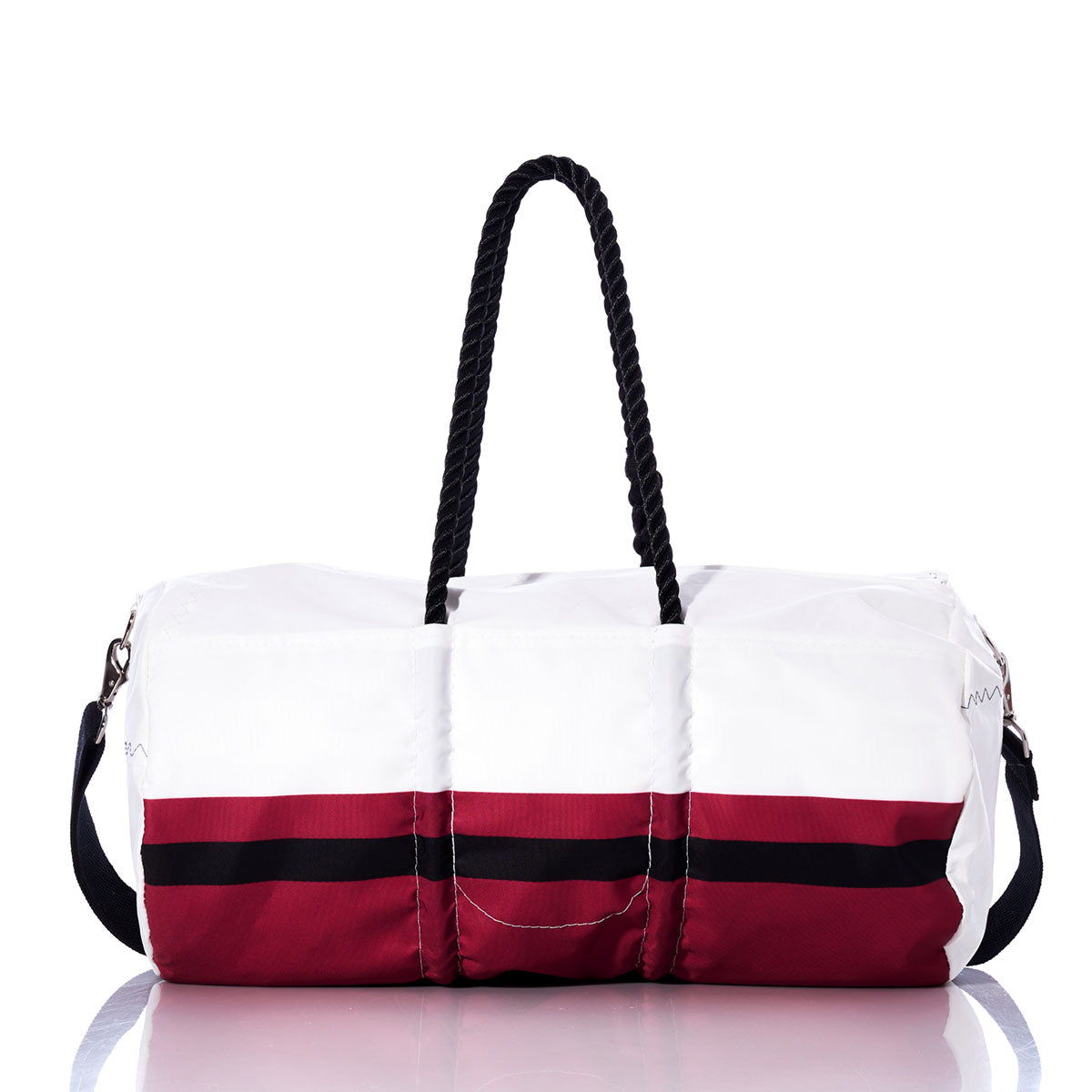 An Arizona Cardinals Duffel by Sea Bags, featuring a white and red design with black handles and accents, crafted from recycled sail cloth, displayed against a white background. by Sea Bags