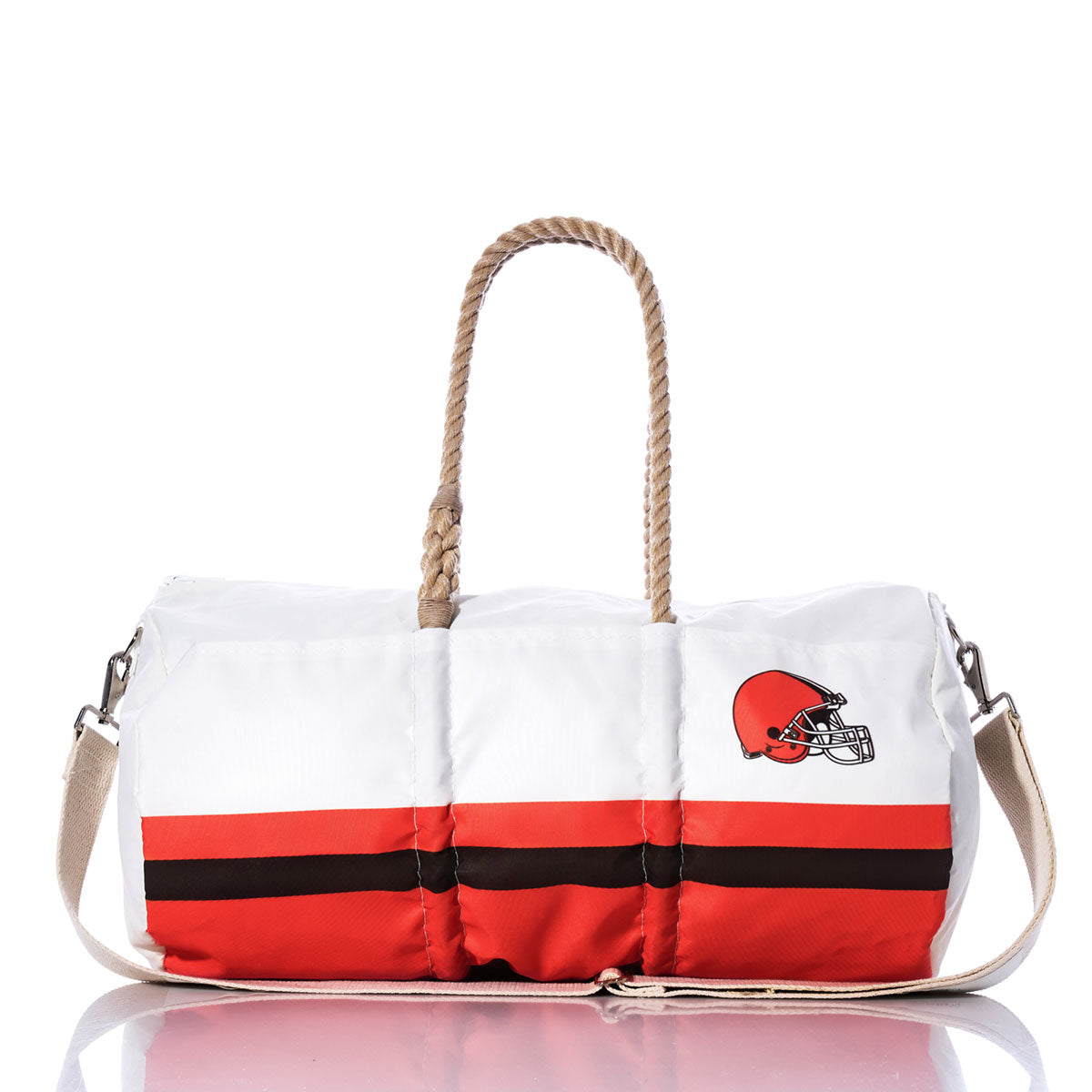 The Cleveland Browns Duffel by Sea Bags is a white and red duffel bag made from recycled sail cloth, featuring a rope handle, beige shoulder strap, and a football helmet logo on the side. Shown against a white background, its the perfect distinctive accessory for any NFL fan. by Sea Bags