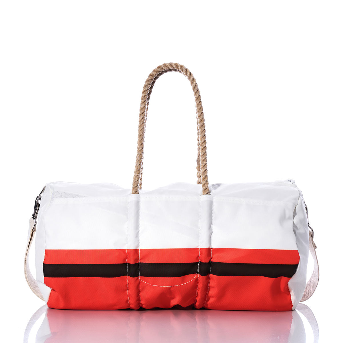 Introducing the Cleveland Browns Duffel by Sea Bags—a white duffel bag featuring bold red and black horizontal stripes, rope handles, and a white shoulder strap. Displayed on a reflective surface, this stylish bag is crafted from recycled sail cloth for exceptional durability and eco-friendly appeal. by Sea Bags