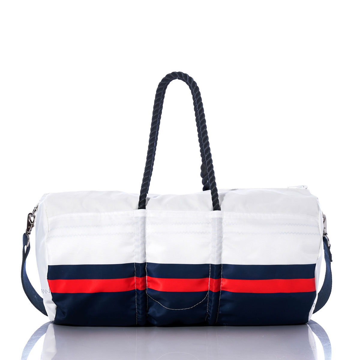 The Sea Bags Houston Texans Duffel features a white exterior with navy blue and red horizontal stripes, durable navy rope handles, and a detachable shoulder strap. Crafted from recycled sail cloth and showcased on a reflective white surface, this bag is the perfect addition to any NFL duffel or Houston Texans fan collection. by Sea Bags