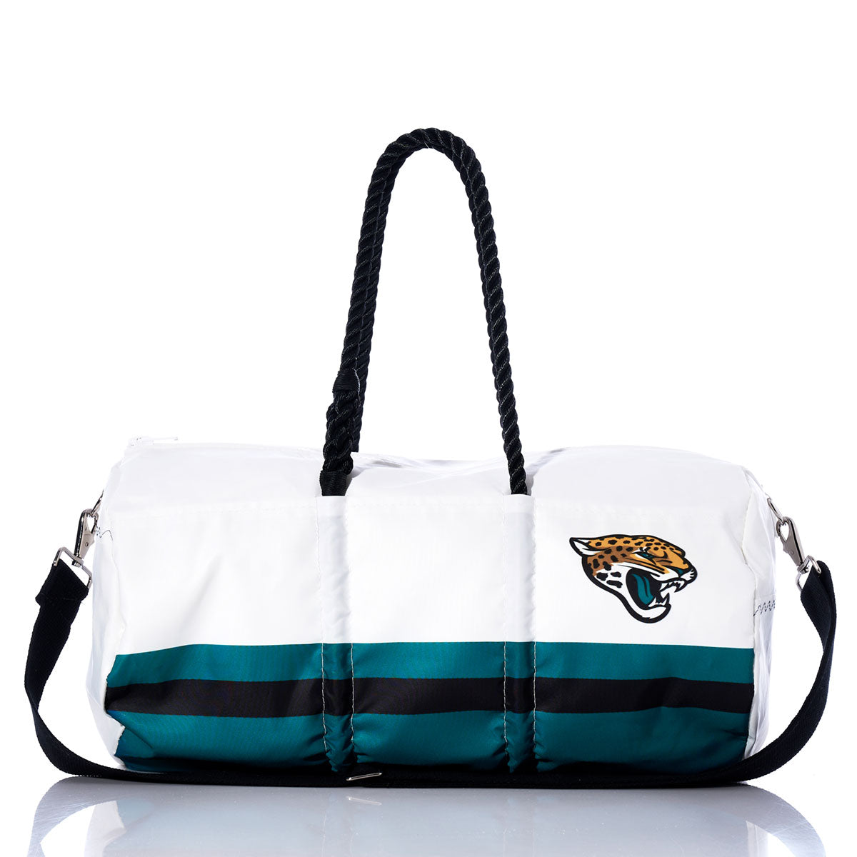The Sea Bags Jacksonville Jaguars Duffel is a white and teal bag made from recycled sail cloth, featuring black and teal stripes, sturdy black handles, and the official team logo on the front—perfect for any dedicated NFL fan. by Sea Bags