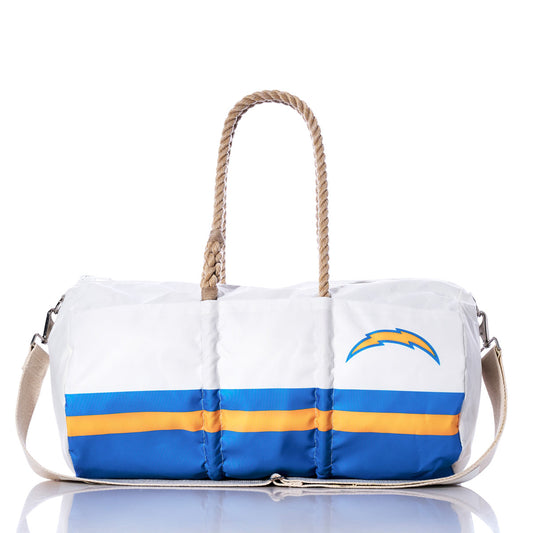 Crafted from recycled sail cloth, the Sea Bags Los Angeles Chargers Duffel features a white design with blue and yellow stripes, rope handles, a beige shoulder strap, and a lightning bolt logo—making it the perfect NFL bag for Chargers fans on the go. by Sea Bags