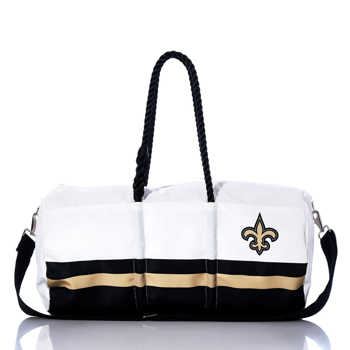 The Sea Bags New Orleans Saints Duffel is crafted from recycled sail cloth and showcases white and black colors with gold and black stripes, plus a fleur-de-lis logo on one side. It features sturdy black rope handles and a detachable black shoulder strap, making it the perfect bag for Saints fans on the go. by Sea Bags