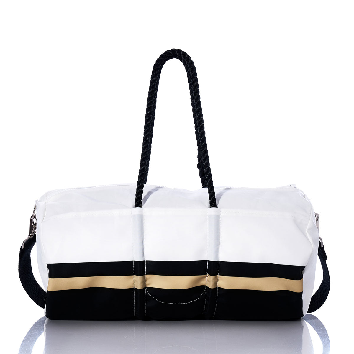 Show your team spirit on the go with the New Orleans Saints Duffel by Sea Bags. Featuring a striking white design accented by black handles, a black shoulder strap, and bold gold-and-black horizontal stripes near the base, this duffel combines sporty style and everyday practicality—perfect for fans heading to the gym or traveling to catch a weekend game. by Sea Bags