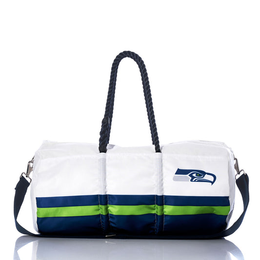 Sea Bags Seattle Seahawks Duffel made from recycled sail cloth in white and navy, featuring a vivid green stripe, rope handles, detachable shoulder strap, and the official Seattle Seahawks NFL logo on the side. by Sea Bags