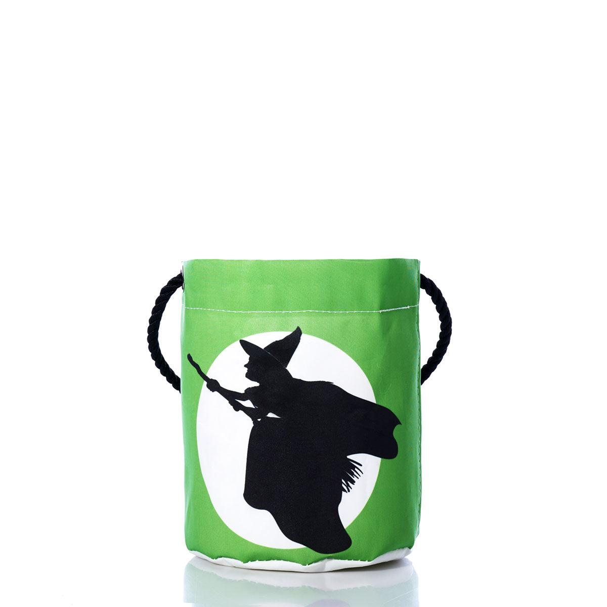 Wicked Witch Bucket Bag by Sea Bags: This eco-friendly Halloween accessory is crafted from recycled sails and features a green bucket design with a black rope handle. A witch silhouette on a broomstick appears against a white circle background—perfect for collecting treats sustainably. by Sea Bags