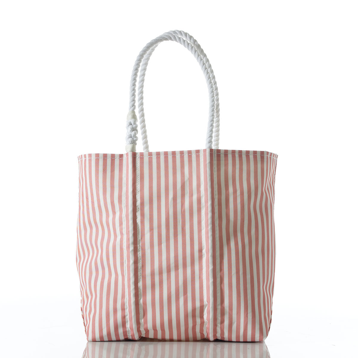 Red Seersucker Stripe Medium Tote by Sea Bags featuring two thick white rope handles, displayed upright against a plain white background.