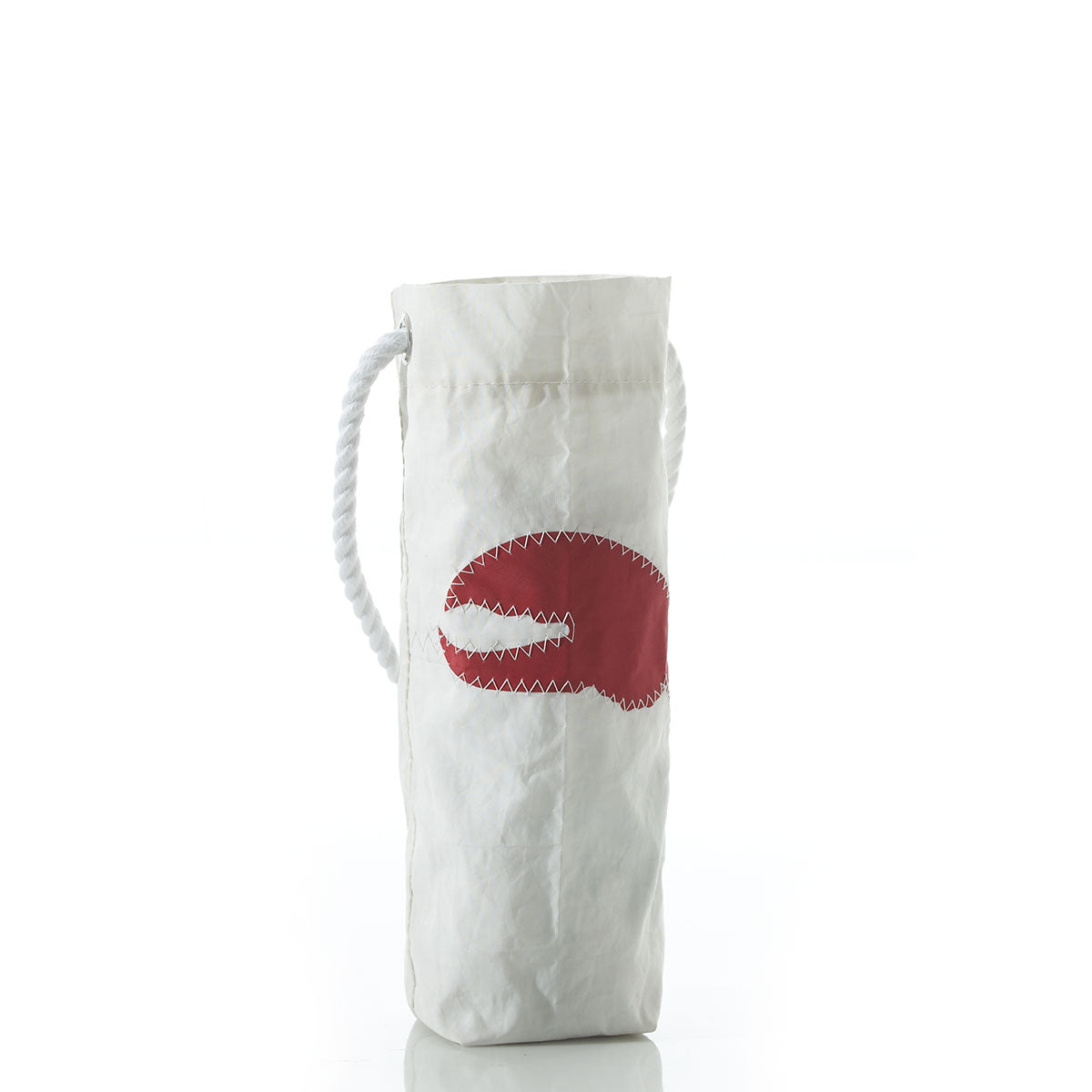 The Sea Bags Lobster Claw Wine Bag is crafted from recycled sail cloth and features a white textured material with a rope handle and a striking red lobster claw design stitched on the front, shown here against a white background. by Sea Bags