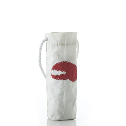 The Sea Bags Lobster Claw Wine Bag is crafted from recycled sail cloth and features a white textured material with a rope handle and a striking red lobster claw design stitched on the front, shown here against a white background. by Sea Bags