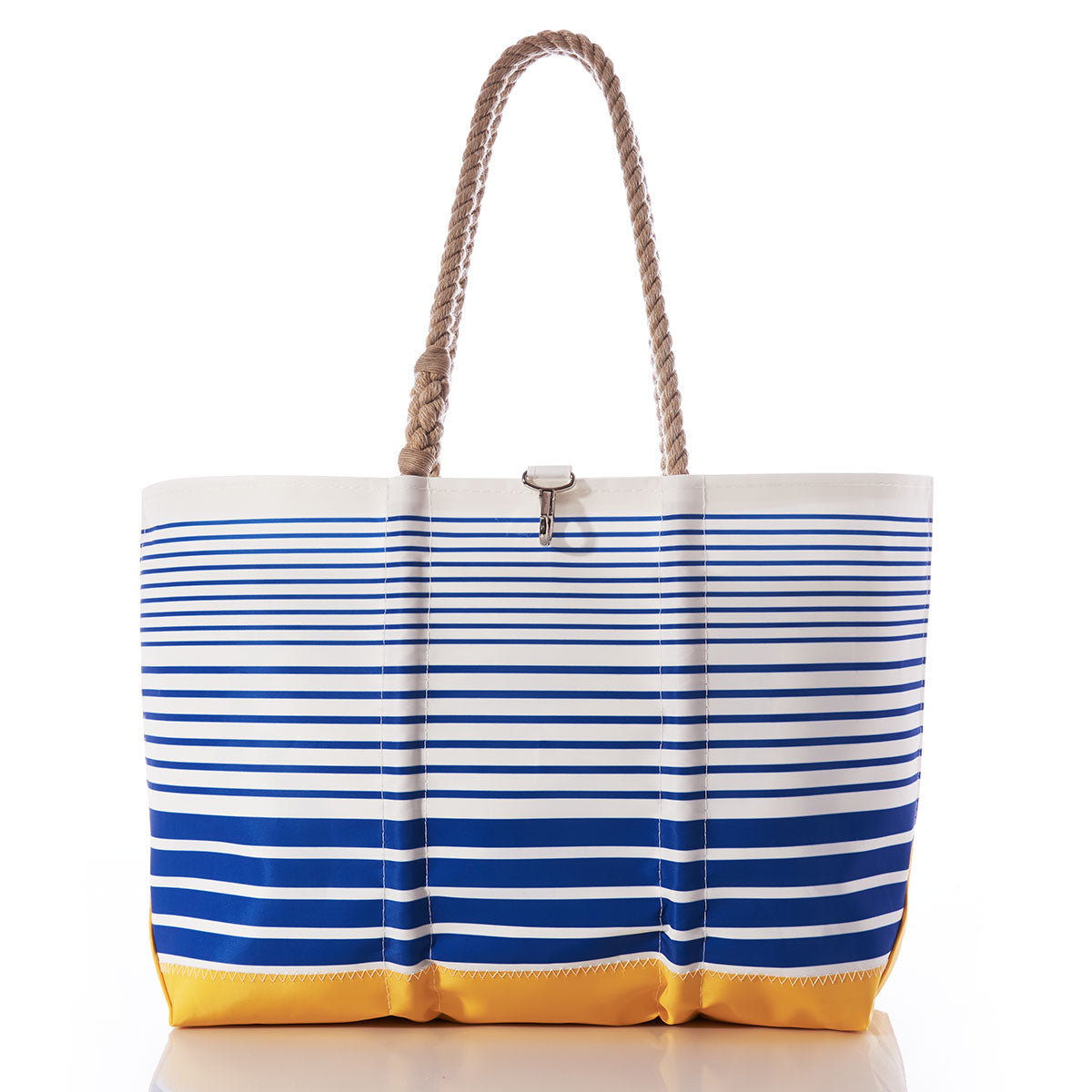 Sea Bags Blue Stripe Ogunquit Beach Tote—crafted from recycled sail cloth—features blue and white stripes, a yellow bottom, rope handles, and a metal clasp, and is displayed on a white background. by Sea Bags