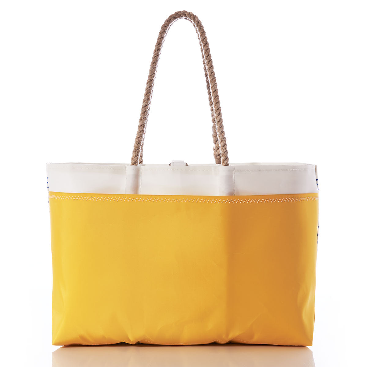 Blue Stripe Ogunquit Beach Tote by Sea Bags, crafted from recycled sail cloth with two thick rope handles and finished with a white top trim, photographed against a white background. by Sea Bags