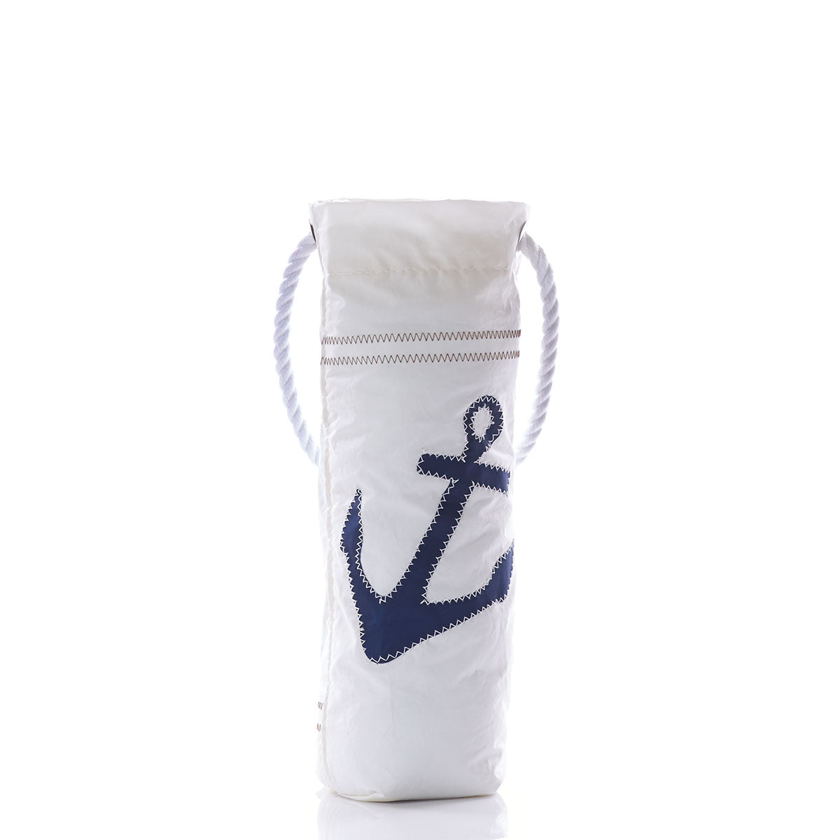 The Sea Bags Navy Anchor Wine Bag, crafted from repurposed sails and featuring a blue anchor design with rope handles, is shown against a plain white background. by Sea Bags