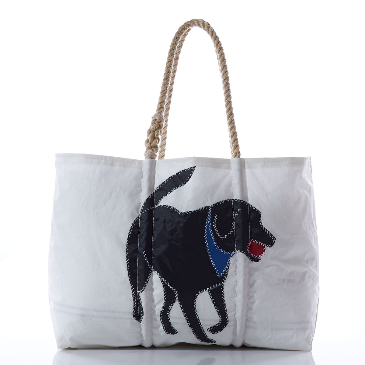 Sea Bags Black Lab Large Tote with Clasp and Hanging Pocket—this white tote features sturdy rope handles and a beautifully stitched black Labrador Retriever with a blue collar and red tongue on the front, making it a charming tribute to Americas favorite dog. by Sea Bags