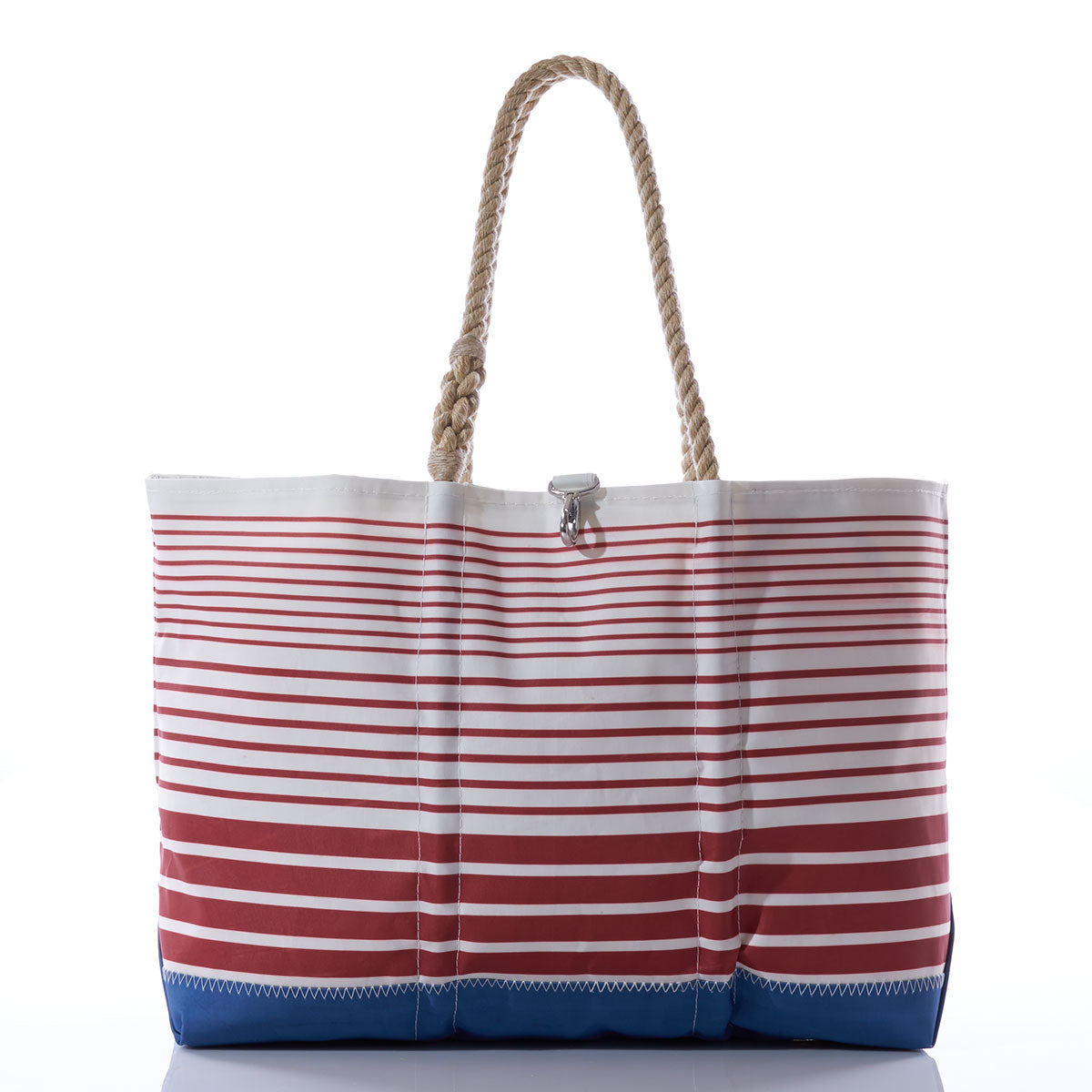 Sea Bags Red Stripe Ogunquit Beach Tote, a limited edition bag featuring red and white stripes, rope handles, and a blue base, displayed against a white background.
