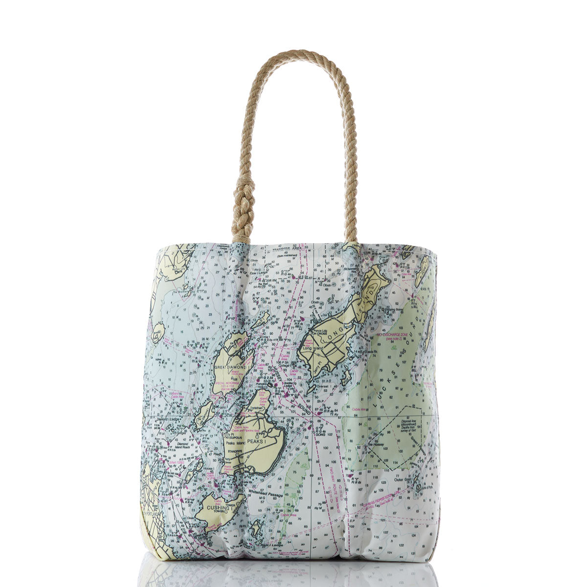 Showcase your coastal style with the Sea Bags Casco Bay Nautical Chart Medium Tote, handcrafted from recycled sail cloth and finished with durable rope handles. This tote features a printed nautical chart design of Portland, Maine, and is displayed standing upright against a white background. by Sea Bags