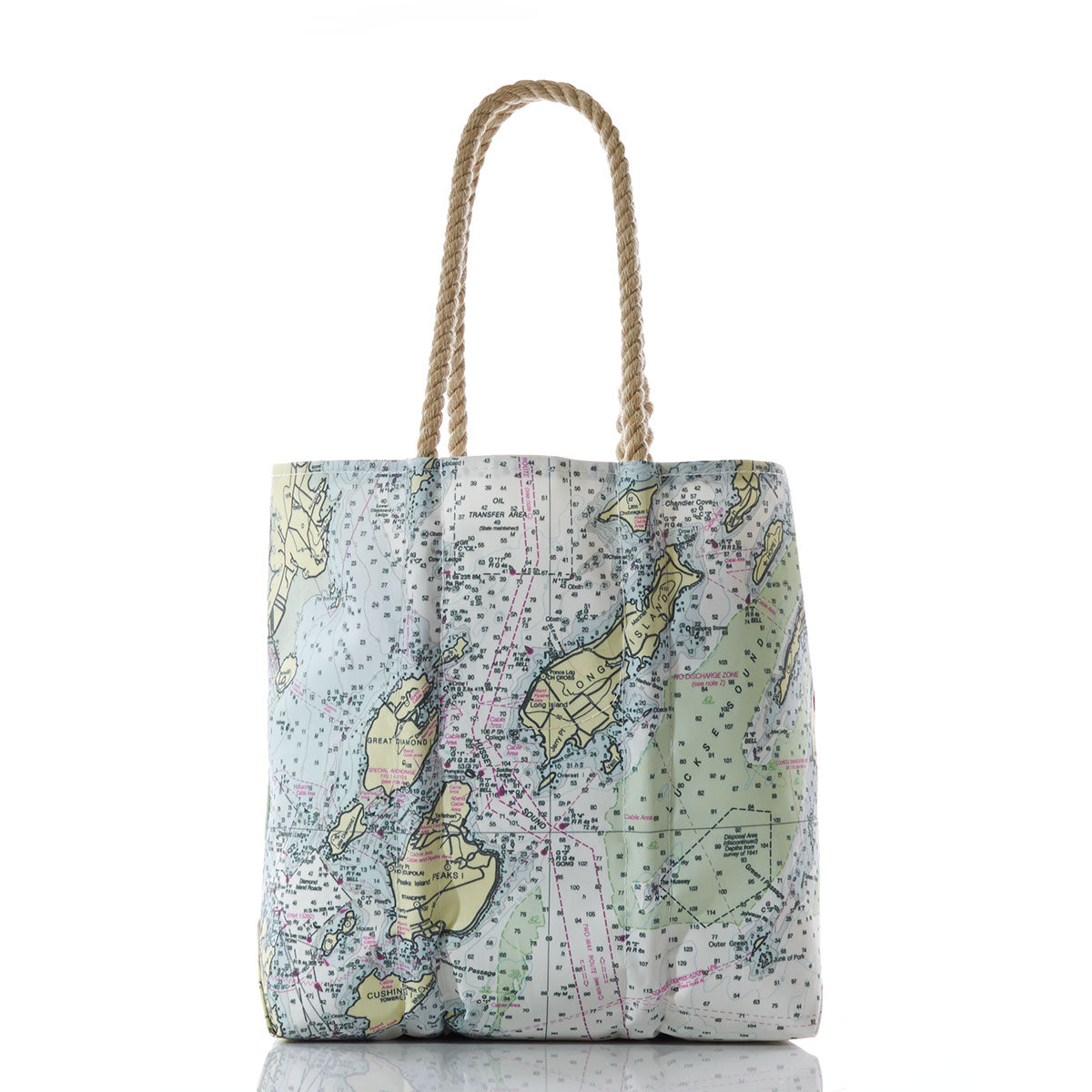 Sea Bags Casco Bay Nautical Chart Medium Tote, photographed on a white background, features rope handles and is crafted from recycled sail cloth. This tote showcases a printed nautical map design highlighting parts of Japan and nearby areas, reflecting the maritime heritage of Portland, Maine. by Sea Bags