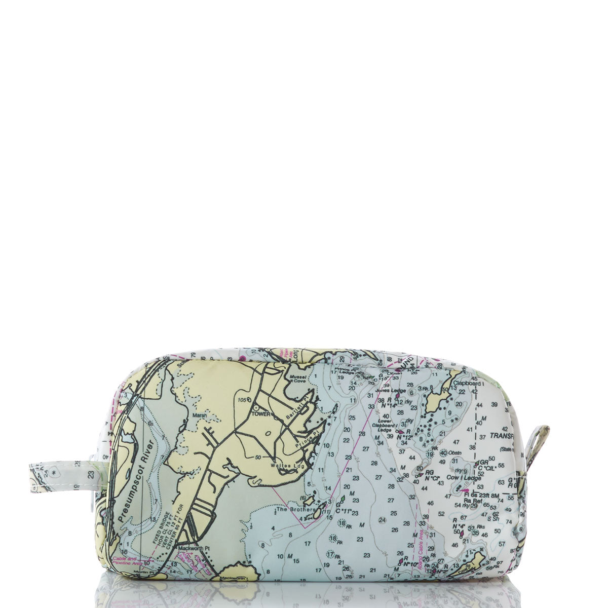 The Sea Bags Casco Bay Nautical Chart Toiletry Bag is a rectangular zippered pouch, crafted from recycled sail cloth and adorned with a vintage nautical chart print. Presented on a plain white background with a soft reflection beneath, this bag combines practical storage for your essentials with the adventurous spirit of maritime exploration. by Sea Bags