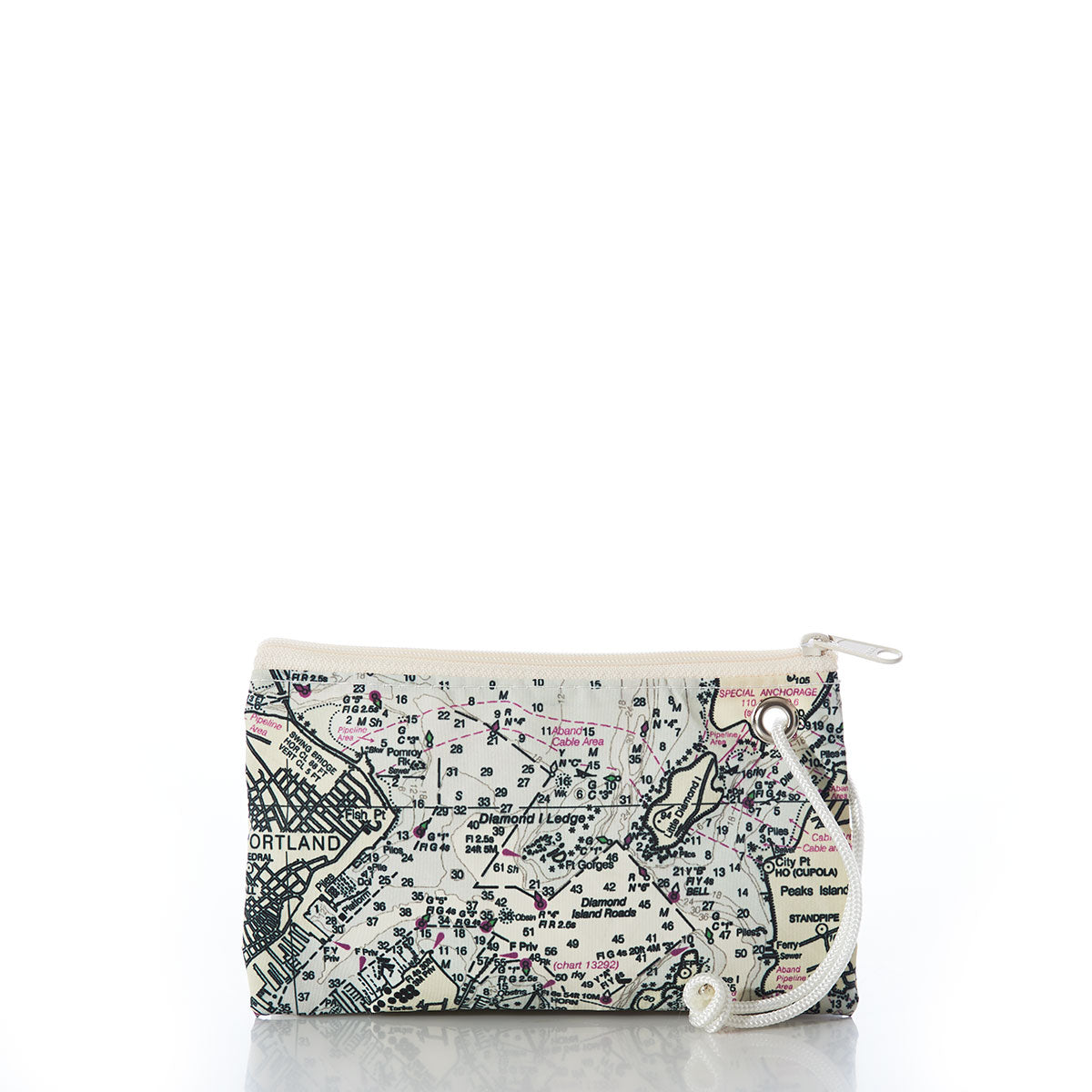 Sea Bags Casco Bay Nautical Chart Wristlet, crafted from recycled sail cloth and featuring a white zipper and wrist strap, showcases a printed Casco Bay map design and is displayed on a white background. by Sea Bags