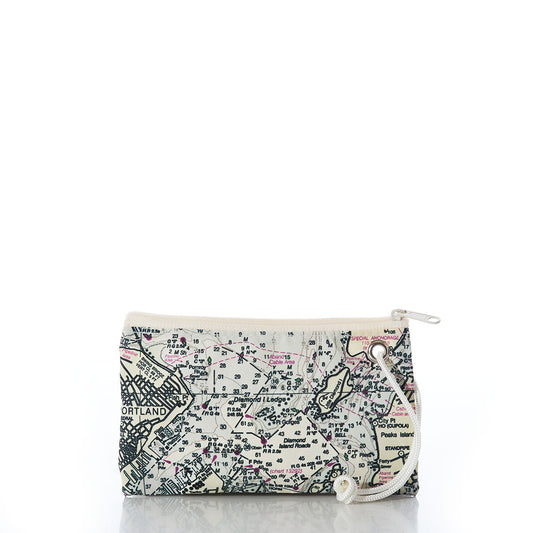 Sea Bags Casco Bay Nautical Chart Wristlet, crafted from recycled sail cloth and featuring a white zipper and wrist strap, showcases a printed Casco Bay map design and is displayed on a white background. by Sea Bags