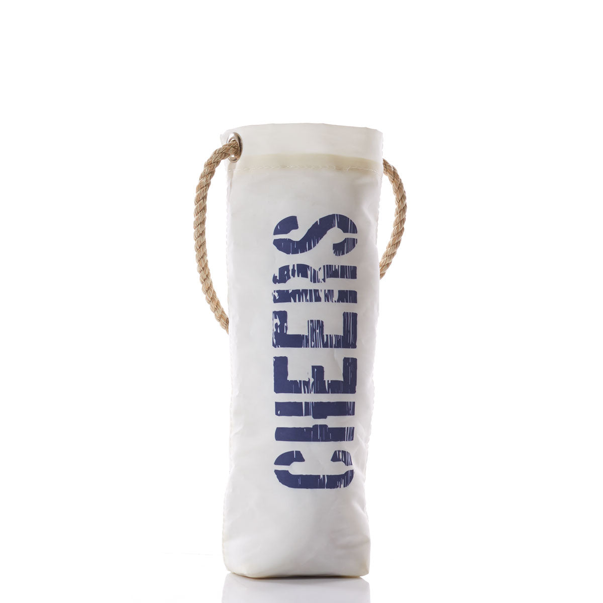 Introducing the Cheers Wine Bag by Sea Bags—a unique white bottle bag made from repurposed sail cloth, featuring sturdy rope handles and bold, distressed navy blue “CHEERS” lettering printed vertically on the front. Perfect for anyone looking for a distinctive wine bag with character and history. by Sea Bags