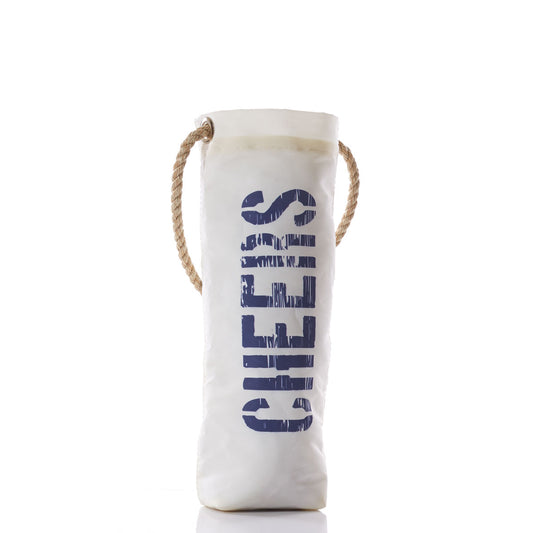 Introducing the Cheers Wine Bag by Sea Bags—a unique white bottle bag made from repurposed sail cloth, featuring sturdy rope handles and bold, distressed navy blue “CHEERS” lettering printed vertically on the front. Perfect for anyone looking for a distinctive wine bag with character and history. by Sea Bags