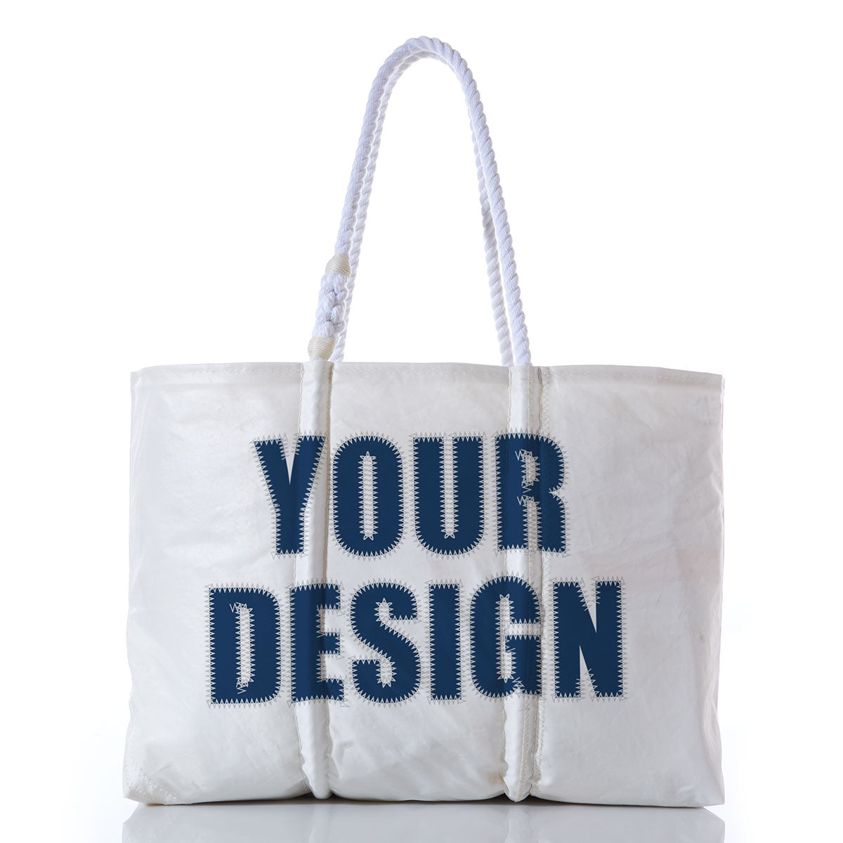 Sea Bags Custom Design Large Tote, shown upright with sturdy rope handles and the prominent phrase YOUR DESIGN in bold, dark blue lettering on the front—expertly constructed from durable, sail-inspired materials for a distinctive and personalized look. by Sea Bags