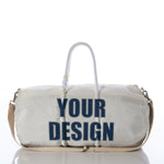 Sea Bags Custom Design Duffel featuring rope handles, a beige shoulder strap, and YOUR DESIGN boldly printed in large navy letters on the front—an ideal carry-on luggage choice for your next adventure. by Sea Bags