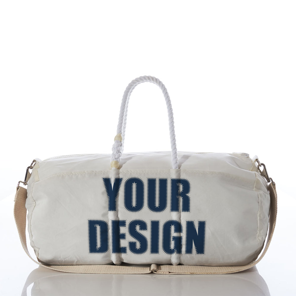 Sea Bags Custom Design Duffel featuring rope handles, a beige shoulder strap, and YOUR DESIGN boldly printed in large navy letters on the front—an ideal carry-on luggage choice for your next adventure. by Sea Bags