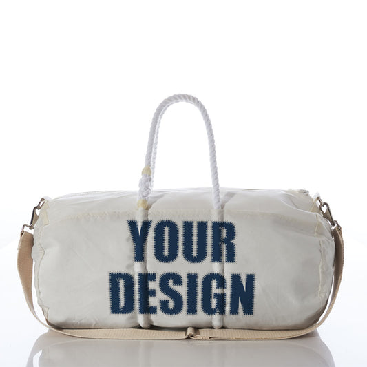 Sea Bags Custom Design Duffel featuring rope handles, a beige shoulder strap, and YOUR DESIGN boldly printed in large navy letters on the front—an ideal carry-on luggage choice for your next adventure. by Sea Bags