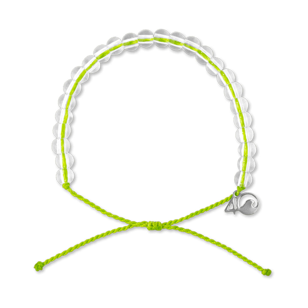 The 4ocean Beaded Bracelet - Sea Turtle by 4ocean features clear beads, a small silver charm, and an adjustable neon green string, all arranged in a circle on a white background—this sustainable bracelet is designed to support ocean conservation efforts. by Sea Bags
