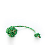 The Fetch ME Floating Rope Dog Toy - Green, designed with a knotted ball on one end and a smaller knot on the other for perfect games of fetch, lies on a white background. by Sea Bags