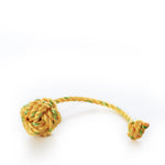 A Fetch ME Floating Rope Dog Toy - Yellow, featuring a yellow and green rope tied in a knot at one end with a loose segment extending to the right, is handmade in Maine and set against a white background—perfect for your dog. by Sea Bags