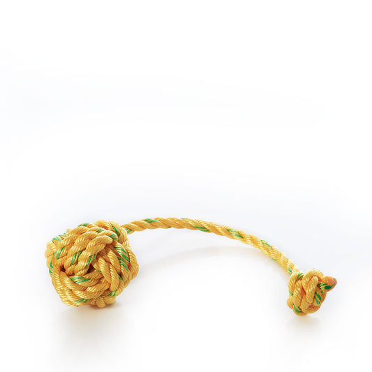 A Fetch ME Floating Rope Dog Toy - Yellow, featuring a yellow and green rope tied in a knot at one end with a loose segment extending to the right, is handmade in Maine and set against a white background—perfect for your dog. by Sea Bags