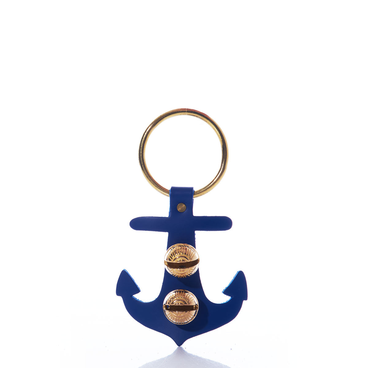 The Navy Anchor Door Chime by true features a gold keyring and a blue nautical anchor-shaped charm adorned with two gold buttons on the anchor’s arms, evoking classic brass bells, and is displayed against a white background.
