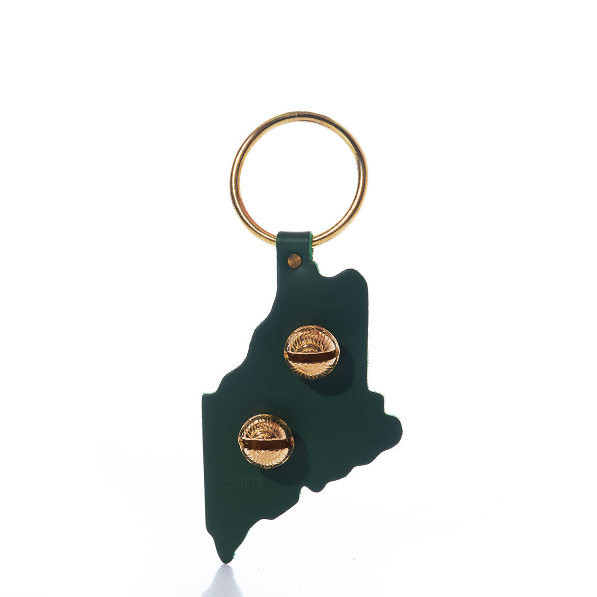 Introducing the State of Maine Door Chime by true—a green, Maine-shaped keychain inspired by classic New England Bells. It features two gold pins and a gold key ring at the top, evoking the charm of a traditional Maine door chime.