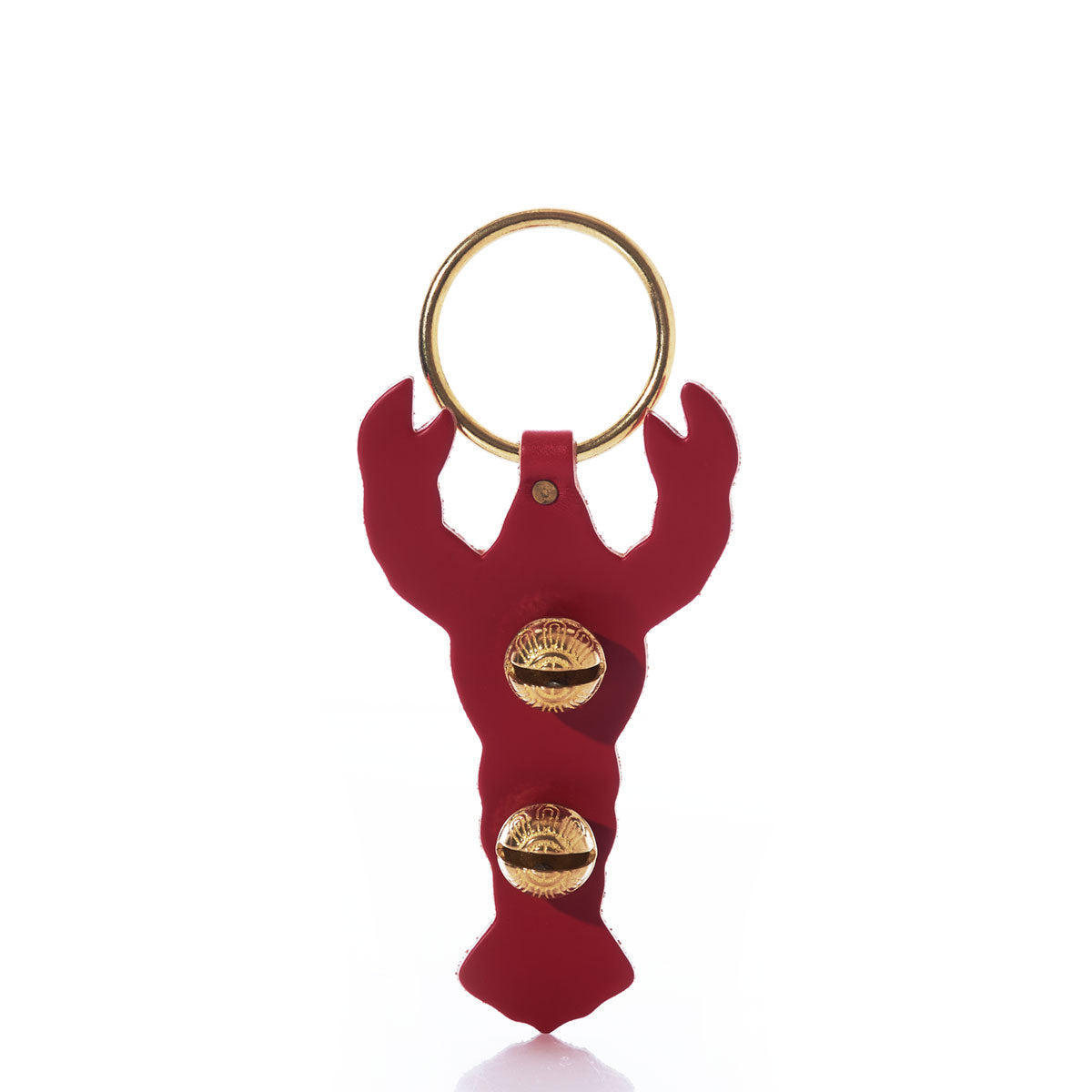 New England Bells’ Red Lobster Door Chime features a red, handcrafted leather lobster adorned with two small gold seashells.