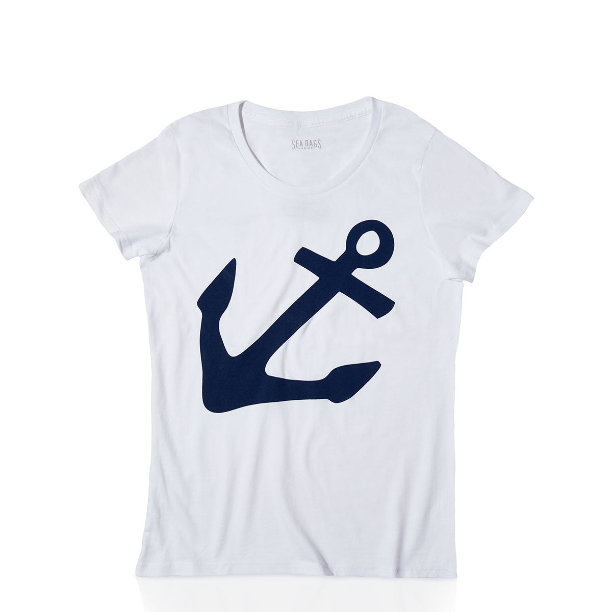 Introducing the Womens Navy Anchor Graphic Tee by 320Ink d/b/a Riptide Print Company, featuring a bold navy blue anchor design on the front—ideal for bringing classic nautical style to your wardrobe. Shown against a plain white background. by Sea Bags