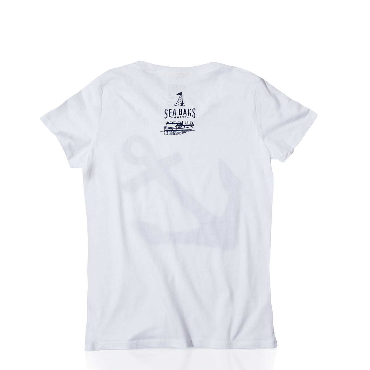 The Womens Navy Anchor Graphic Tee by 320Ink d/b/a Riptide Print Company features a large, subtle anchor design on the back and a small SEA BAGS logo with a ship illustration near the neckline—making it an ideal addition to your classic nautical wardrobe. This versatile shirt is proudly made in the USA. by Sea Bags