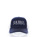 Navy blue and white Sea Bags Trucker Hat by 320Ink d/b/a Riptide Print Company, featuring SEA BAGS MAINE text on the front and displayed on a plain white background. This adjustable Trucker cap provides comfortable sun protection, making it ideal for outdoor activities. by Sea Bags