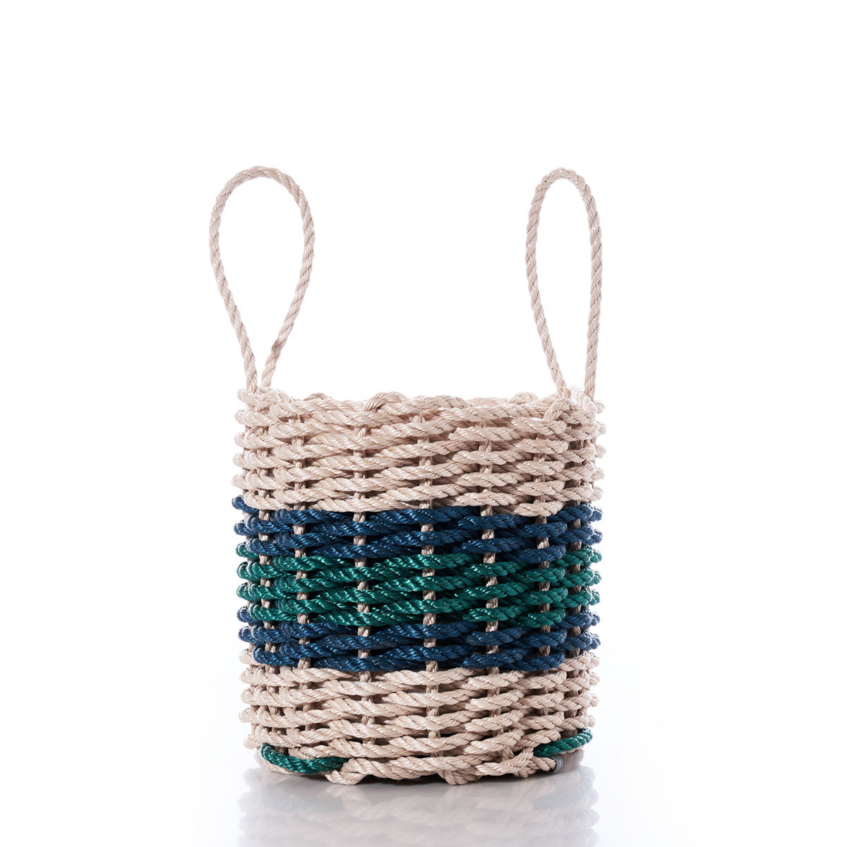 The Fisherman Rope Basket - Maine Bicentennial by Custom Cordage / DBA Maine Rope Mats is an eco-friendly woven basket with two rope handles, inspired by the classic Fisherman Rope Basket of Maine, and features a blue and green band in the middle. It is pictured on a white background. by Sea Bags