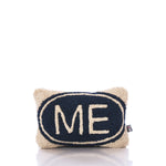 The Chandler 4 Corners Wool Hand-hooked Maine Pillow features a rectangular cream design accented with a navy blue oval and the word ME in bold cream letters centered on the front, bringing a touch of Maine charm to any space. by Sea Bags