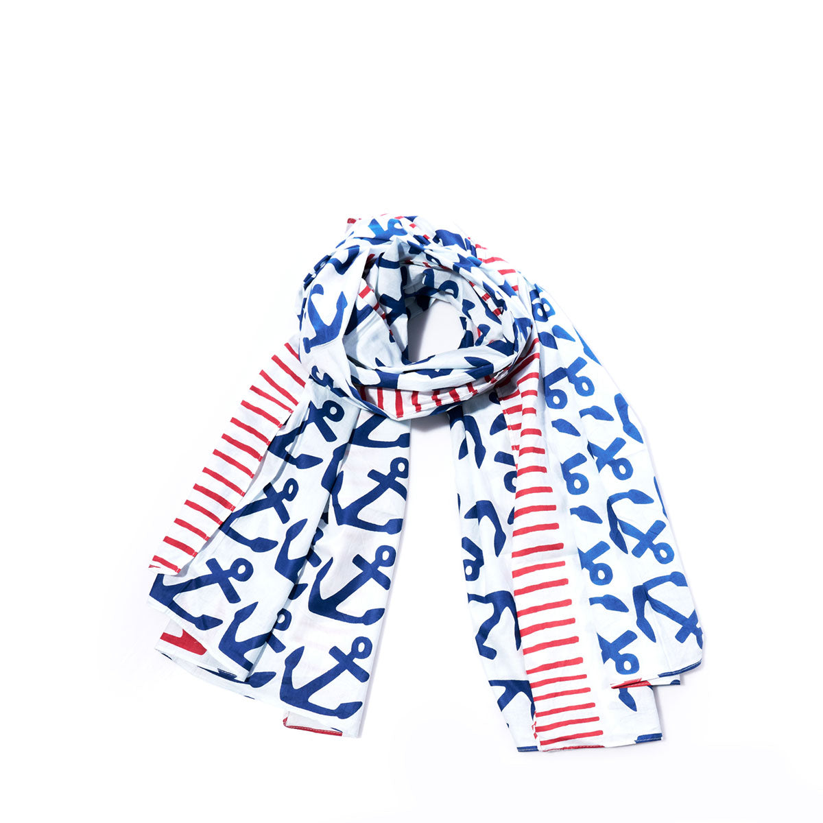 Batela USA Incs Anchor Pop Scarf—crafted from white nautical cotton with blue anchor patterns and red stripes—is shown on a white background, making it the perfect stylish accessory for your Sea Bag. by Sea Bags