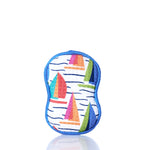 The Kate Nelligan Full Sail Dish Sponge by Once Again Home is a colorful, reusable sponge with blue trim and a cheerful sailboat pattern, crafted from recycled materials. It stands upright on a white reflective surface against a plain white background—an ideal addition to your sustainable home textiles collection. by Sea Bags