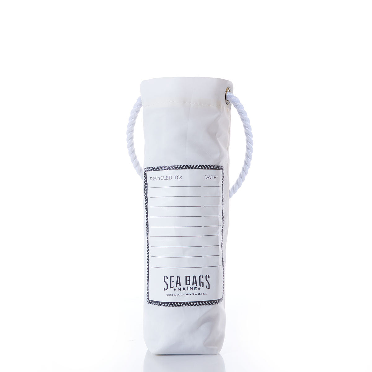 The Lobster Claw Wine Bag by Sea Bags stands upright on a white background, showcasing its white cylindrical shape crafted from recycled sail cloth and finished with a rope handle. The bag features the SEA BAGS logo along with a printed “Recycled To” and “Date” form on the front, creating a unique travel log of its journey. by Sea Bags
