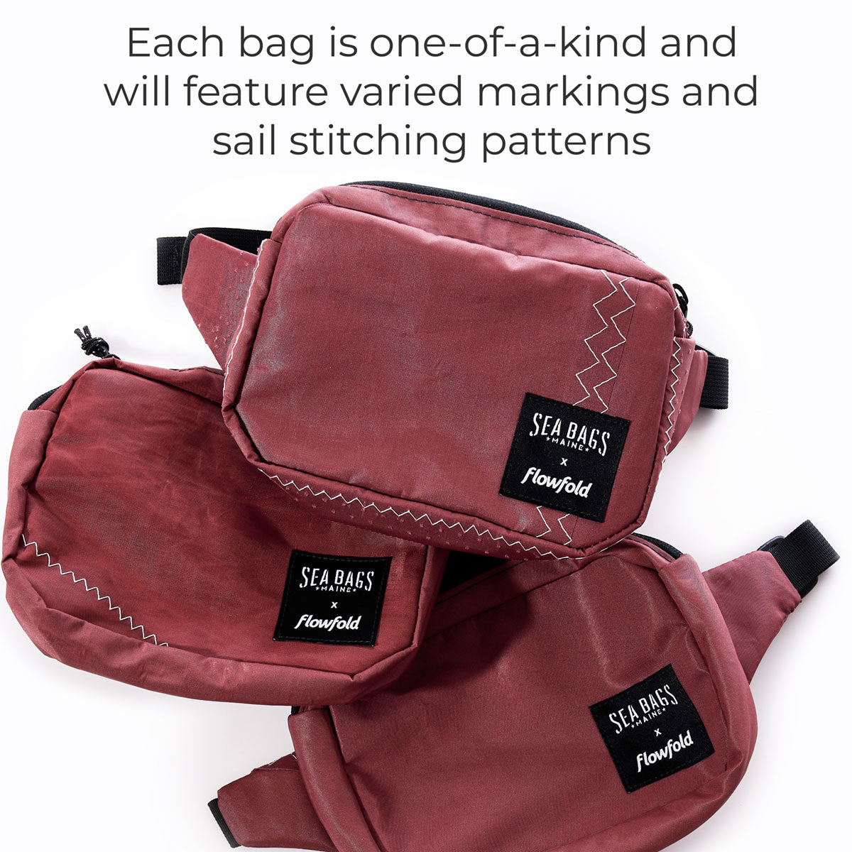 Three Vintage Tanbark Crew Belt Bags by Sea Bags, sustainably made from recycled sail cloth and featuring the brand’s signature stitching and unique sail markings, are arranged overlapping on a white background. by Sea Bags